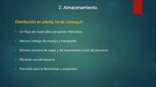 2. Almacenamiento.
Distribución en planta, ha de conseguir:
• Un flujo de materiales con pocos retrocesos.
• Mínimo trabajo de manejo y transporte.
• Mínimo número de viajes y de movimiento inútil del personal.
• Eficiente uso del espacio.
• Previsión para la flexibilidad y expansión.
 