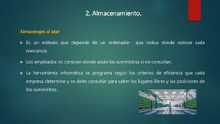 2. Almacenamiento.
Almacenajes al azar
 Es un método que depende de un ordenador que indica donde colocar cada
mercancía.
 Los empleados no conocen donde están los suministros si no consultan.
 La herramienta informática se programa según los criterios de eficiencia que cada
empresa determine y se debe consultar para saber los lugares libres y las posiciones de
los suministros.
 