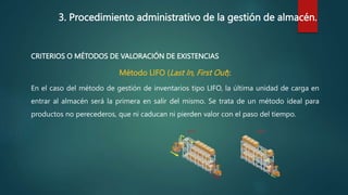 3. Procedimiento administrativo de la gestión de almacén.
CRITERIOS O MÉTODOS DE VALORACIÓN DE EXISTENCIAS
Método LIFO (Last In, First Out):
En el caso del método de gestión de inventarios tipo LIFO, la última unidad de carga en
entrar al almacén será la primera en salir del mismo. Se trata de un método ideal para
productos no perecederos, que ni caducan ni pierden valor con el paso del tiempo.
 