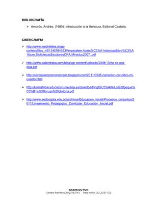 ELABORADO POR:
Sandra Ramírez (20122187041) - Erika Riaño (20122187103)
BIBLIOGRAFÍA
 Amorós. Andrés, (1980). Introducción a la literatura. Editorial Castalia.
CIBERGRAFIA
 http://www.leechilelee.cl/wp-
content/files_mf/1346784633Verparaleer.Acerc%C3%A1ndonosallibro%C3%A
1lbum.BibliotecasEscolaresCRA.Mineduc2007..pdf
 http://www.kalandraka.com/blog/wp-content/uploads/2008/10/no-es-una-
caja.pdf
 http://seronosercreeronocreer.blogspot.com/2011/05/t5-narracion-con-libro-mi-
cuento.html
 http://kamishibai.educacion.navarra.es/download/ingl%C3%A9s/La%20peque%
C3%B1a%20oruga%20glotona.pdf
 http://www.sedbogota.edu.co/archivos/Educacion_inicial/Procesos_conjuntos/2
011/Lineamiento_Pedagogico_Curricular_Educacion_Inicial.pdf
 