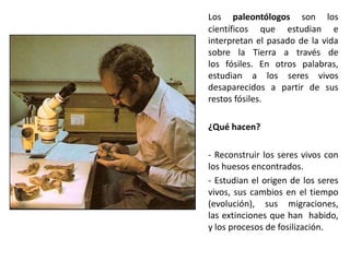 Los paleontólogos son los científicos que estudian e interpretan el pasado de la vida sobre la Tierra a través de los fósiles. En otros palabras, estudian a los seres vivos desaparecidos a partir de sus restos fósiles.¿Qué hacen?	- Reconstruir los seres vivos con los huesos encontrados.	- Estudian el origen de los seres vivos, sus cambios en el tiempo (evolución), sus migraciones, las extinciones que han  habido, y los procesos de fosilización.