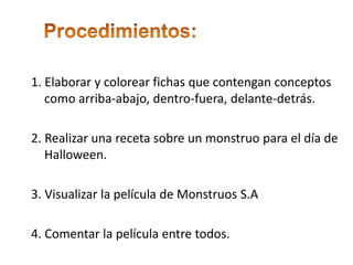 ◦ Procedimientos:1. Elaborar y colorear fichas que contengan conceptos como arriba-abajo, dentro-fuera, delante-detrás.2. Realizar una receta sobre un monstruo para el día de Halloween.3. Visualizar la película de Monstruos S.A4. Comentar la película entre todos.