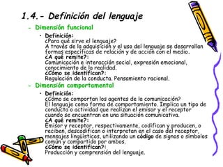 1.4.- Definición del lenguaje Dimensión funcional Definición: ¿Para qué sirve el lenguaje? A través de la adquisición y el uso del lenguaje se desarrollan formas específicas de relación y de acción con el medio . ¿A qué remite?: Comunicación e interacción social, expresión emocional, conocimiento de la realidad. ¿Cómo se identifican?: Regulación de la conducta. Pensamiento racional.  Dimensión comportamental   Definición: ¿Cómo se comportan los agentes de la comunicación? El lenguaje como forma de comportamiento. Implica un tipo de conducta o actividad que realizan el emisor y el receptor cuando se encuentran en una situación comunicativa.  ¿A qué remite?: Emisor y receptor, respectivamente, codifican y producen, o reciben, descodifican o interpretan en el caso del receptor, mensajes lingüísticos, utilizando un  código  de signos o símbolos común y compartido por ambos. ¿Cómo se identifican?: Producción y comprensión del lenguaje.  