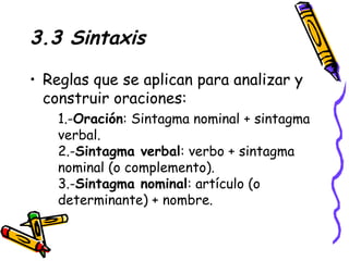 3.3 Sintaxis Reglas que se aplican para analizar y construir oraciones: 1.- Oración : Sintagma nominal + sintagma verbal. 2.- Sintagma verbal : verbo + sintagma nominal (o complemento). 3.- Sintagma nominal : artículo (o determinante) + nombre.  