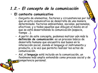 1.2.- El concepto de la comunicación El contexto comunicativo Conjunto de elementos, factores y circunstancias por las que un acto comunicativo se desarrolla de una manera determinada: factores ambientales, sociales, personales, afectivos, y a todos aquellos que dibujan el medio en el que se está desarrollando la comunicación (espacio, tiempo …). A partir de este concepto, podemos matizar aún más la  definición de comunicación : es un proceso básico de desarrollo humano que encuentra sus bases en la interacción social, siendo el lenguaje el instrumento y producto, a la vez que permite realizar los actos de comunicación. Así, el  lenguaje  está incluido en la comunicación, un fenómeno más amplio entendido como proceso social y de competencia personal.  