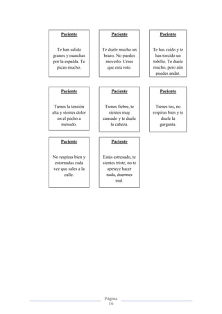 Página
16
Paciente
Tienes la tensión
alta y sientes dolor
en el pecho a
menudo.
Paciente
Tienes fiebre, te
sientes muy
cansado y te duele
la cabeza.
Paciente
Tienes tos, no
respiras bien y te
duele la
garganta.
Paciente
No respiras bien y
estornudas cada
vez que sales a la
calle.
Paciente
Estás estresado, te
sientes triste, no te
apetece hacer
nada, duermes
mal.
Paciente
Te has caído y te
has torcido un
tobillo. Te duele
mucho, pero aún
puedes andar.
Paciente
Te duele mucho un
brazo. No puedes
moverlo. Crees
que está roto.
Paciente
Te han salido
granos y manchas
por la espalda. Te
pican mucho.
 