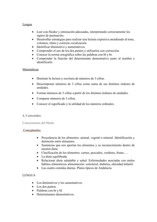 Lengua

         •   Leer con fluidez y entonación adecuadas, interpretando correctamente los
             signos de puntuación.
         •   Desarrollar estrategias para realizar una lectura expresiva atendiendo al tono,
             volumen, ritmo y correcta vocalización.
         •   Identificar diminutivo y aumentativos.
         •   Comprender el uso de los dos puntos y utilizarlos con corrección.
         •   Conocer la norma ortográfica sobre las palabras con bl y br.
         •   Comprender la función del determinante demostrativo junto al nombre e
             identificarlo.

Matemáticas

         •   Dominar la lectura y escritura de números de 3 cifras.
         •   Descomponer números de 3 cifras como suma de sus distintos órdenes de
             unidades.
         •   Formar números de 3 cifras a partir de los distintos órdenes de unidades.
         •   Comparar números de 3 cifras.
         •   Conocer el significado y la utilidad de los números ordinales.


4. Contenidos

Conocimiento del Medio

Conceptuales:

             •   Procedencia de los alimentos: animal, vegetal o mineral. Identificación y
                 distinción entre alimentos.
             •   Sustancias que nos aportan los alimentos y su reconocimiento dentro de
                 nuestra dieta.
             •   Clasificación de los alimentos: carnes, pescados, verduras, frutas, …
             •   La dieta equilibrada.
             •   Relacionar dieta saludable y salud. Enfermedades asociadas con malos
                 hábitos alimenticios alimentación: colesterol, diabetes, obesidad infantil.
             •   Las cuatro comidas diarias. Platos típicos de Andalucía.

LENGUA

         •   Los diminutivos y los aumentativos.
         •   Los dos puntos.
         •   Palabras con br y bl.
         •   Determinantes demostrativos.
 