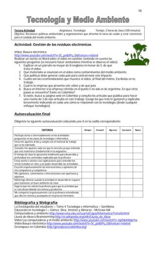 10




Tercera Actividad                     Asignatura: Tecnología         Tiempo: 2 horas de clase (100 minutos)
Objetivo: Reconocer políticas ambientales y organizaciones que afrontan la tarea de cuidar y crear conciencia
para el cuidado del medio ambiente.

Actividad: Gestión de los residuos electrónicos

Video: Basura electrónica
http://www.youtube.com/watch?v=SC_poBJPu_0&feature=related
Realizar un escrito en Word sobre el video en cuestión, teniendo en cuenta las
siguientes preguntas (es necesario hacer anotaciones mientras se observa el video):
    1. Explicar en un párrafo no mayor de 8 renglones ni menor de 5, de qué
        trata el video.
    2. Qué materiales se enuncian en el video como contaminantes del medio ambiente.
    3. Qué políticas debe generar cada país para contrarrestar este impacto.
    4. Cuáles son las recomendaciones que muestra el video, al final del mismo. Escríbelas en tu
        trabajo.
    5. Cuál es la empresa que presenta este video y de qué país.
    6. Busca en Internet si la empresa referida en el punto 5 no solo es de argentina. En qué otros
        países se encuentra? Existe en Colombia?
    7. Si existe, busca su página web en Colombia y consulta los artículos que publica para hacer
        una reseña de 3 de esos artículos en este trabajo. Escoge los que más te gustaron y explícalos
        brevemente indicando en cada uno cómo se relacionan con la tecnología (desde cualquier
        enfoque tecnológico)

Autoevaluación final

Diligencie la siguiente autoevaluación colocando una X en la casilla correspondiente:

                          CRITERIOS                               Siempre   Frecuent.   Alg.veces   Casi nunca   Nunca

Participo activa e interesadamente en las actividades
propuestas en las clases de tecnología e informática
Llevo mis apuntes al día y cumplo con el material de trabajo
que se ha solicitado
Consulto mis apuntes cada vez que lo necesito ya que entiendo
que este material es fundamental en la asignatura
El tiempo de clase lo aprovecho totalmente para desarrollar y
profundizar los contenidos explicados por la profesora
Estoy atento o atenta a las explicaciones para entender los
temas tratados en clase y así poder desarrollar las actividades
Escucho respetuosamente las intervenciones u opiniones de
mis compañeros y compañeras
Mis opiniones, comentarios e intervenciones son oportunos y
objetivos
Mantengo silencio cuando la actividad en desarrollo lo requiere
para mantener un buen ambiente de clase
Hago lo que me solicita la profesora para que la actividad que
se está desarrollando sea exitosa y productiva
Me comporto respetuosamente con la profesora entendiendo
que ella me orienta y acompaña en mi proceso formativo

Bibliografía y Webgrafía
La Enciclopedia del estudiante – Tomo 4 Tecnología e Informática – Santillana
Educación en tecnología 1 – Gómez, Silva, Jiménez y Almaraz - McGraw Hill
Computadoras y ambiente http://www.rena.edu.ve/cuartaEtapa/Informatica/Tema16.html
Lluvia de ideas o Brainstorming http://es.wikipedia.org/wiki/Lluvia_de_ideas
Video Las computadoras y el medio ambiente http://www.youtube.com/watch?v=3gtDbkMqkYw
Video Basura electrónica http://www.youtube.com/watch?v=SC_poBJPu_0&feature=related
Greenspace en Colombia http://greenpeacecolombia.org/
 