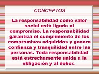 CONCEPTOS
La responsabilidad como valor
social está ligada al
compromiso. La responsabilidad
garantiza el cumplimiento de los
compromisos adquiridos y genera
confianza y tranquilidad entre las
personas. Toda responsabilidad
está estrechamente unida a la
obligación y al deber.

 