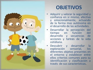 OBJETIVOSAdquirir y valorar la seguridad y confianza en si mismo, afectiva y emocionalmente, actuando de la forma mas autónoma en el desarrollo de las actividades.Desarrollar la percepción del tiempo en función del desarrollo y secuencias de acciones y tareas de la vida cotidiana.Descubrir y desarrollar la exploración sensorial, los diferentes objetos presentes en el entorno y establecer entre ellos criterios comunes para su identificación y clasificación a través  de sus características.