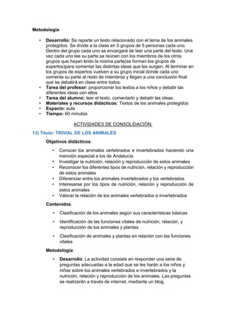 Metodología
• Desarrollo: Se reparte un texto relacionado con el tema de los animales
protegidos. Se divide a la clase en 5 grupos de 5 personas cada uno.
Dentro del grupo cada uno se encargará de leer una parte del texto. Una
vez cada uno lee su parte,se reúnen con los miembros de los otros
grupos que hayan leído la misma parte(se forman los grupos de
expertos)para comentar las distintas ideas que les surgen. Al terminar en
los grupos de expertos vuelven a su grupo inicial donde cada uno
comenta su parte al resto de miembros y llegan a una conclusión final
que se debatirá en clase entre todos.
• Tarea del profesor: proporcionar los textos a los niños y debatir las
diferentes ideas con ellos
• Tarea del alumno: leer el texto, comentarlo y debatir las ideas.
• Materiales y recursos didácticos: Textos de los animales protegidos
• Espacio: aula
• Tiempo: 60 minutos
ACTIVIDADES DE CONSOLIDACIÓN:
13) Título: TRIVIAL DE LOS ANIMALES
Objetivos didácticos:
• Conocer los animales vertebrados e invertebrados haciendo una
mención especial a los de Andalucía
• Investigar la nutrición, relación y reproducción de estos animales
• Reconocer los diferentes tipos de nutrición, relación y reproducción
de estos animales
• Diferenciar entre los animales invertebrados y los vertebrados
• Interesarse por los tipos de nutrición, relación y reproducción de
estos animales
• Valorar la relación de los animales vertebrados e invertebrados
Contenidos
• Clasificación de los animales según sus características básicas
• Identificación de las funciones vitales de nutrición, relación, y
reproducción de los animales y plantas
• Clasificación de animales y plantas en relación con las funciones
vitales
Metodología:
• Desarrollo: La actividad consiste en responder una serie de
preguntas adecuadas a la edad que se les harán a los niños y
niñas sobre los animales vertebrados e invertebrados y la
nutrición, relación y reproducción de los animales. Las preguntas
se realizarán a través de internet, mediante un blog.
 