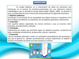 “La unidad didáctica, es la interrelación de todos los elementos que
intervienen en el proceso de enseñanza-aprendizaje con una coherencia interna
metodológica y por un periodo de tiempo determinado” (Ibáñez, 1998). En atención a
esto, se puede observar que la misma está comprendida por los siguientes elementos:
 Objetivos didácticos
Constituyen la enunciación de las capacidades que deberá alcanzar el estudiante al fin
de la unidad y que deberán ser coherentes con los objetivos generales y referenciales.
 Contenidos
Son aquellos saberes organizados de manera armónica y que se enuncian como
conceptos, procedimientos y actitudes.
 Actividades
Representan los medios que permitirán lograr los objetivos previstos: recolección de
ideas, actividades introductorias, de desarrollo, síntesis y expresión.
 Evaluación
(de los resultados obtenidos). Suelen ser actividades comprobatorias del aprendizaje y
que, por lo general se abordan quincenalmente, aunque mayormente se adaptan a
aquellas necesidades de tiempo que exija el grupo en cuestión.
 