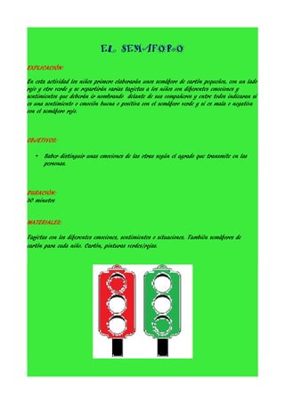 EL SEMAFORO
EXPLICACIÓN:
En esta actividad los niños primero elaborarán unos semáforo de cartón pequeños, con un lado
rojo y otro verde y se repartirán varias tarjetas a los niños con diferentes emociones y
sentimientos que deberán ir nombrando delante de sus compañeros y entre todos indicaran si
es una sentimiento o emoción buena o positiva con el semáforo verde y si es mala o negativa
con el semáforo rojo.

OBJETIVOS:
•

Saber distinguir unas emociones de las otras según el agrado que transmite en las
personas.

DURACIÓN:
30 minutos
MATERIALES:
Tarjetas con los diferentes emociones, sentimientos o situaciones. También semáforos de
cartón para cada niño. Cartón, pinturas verdes/rojas.

 