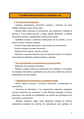  
	
   3	
  
 En comunicación lingüística
- Expresar pensamientos, emociones, vivencias y opiniones, así como
dialogar, formarse un juicio crítico y ético.
- Generar ideas, estructurar el conocimiento, dar coherencia y cohesión al
discurso y a las propias acciones y tareas; adoptar decisiones, y disfrutar
escuchando, leyendo o expresándose de forma oral y escrita.
- Establecer vínculos y relaciones constructivas con los demás y con el
entorno; convivir y resolver conflictos.
- Producir textos orales adecuados a cada situación de comunicación.
- Buscar, recopilar y procesar información.
- Descubrir otros entornos, idiomas y culturas.
- Expresar e interpretar diferentes tipos de discursos acordes a la situación
comunicativa en diferentes contextos sociales y culturales.
 En el conocimiento y la interacción con el mundo físico
- Interactuar con el espacio circundante.
- Mostrar un espíritu crítico en la observación de la realidad y en el análisis
de mensajes informativos y publicitarios, así como unos hábitos de consumo
responsable en la vida cotidiana.
 Tratamiento de la información y competencia digital
- Buscar, obtener, procesar y comunicar información, y transformarla en
conocimiento.
- Comunicar la información y los conocimientos adquiridos empleando
recursos expresivos que incorporen, no sólo diferentes lenguajes y técnicas
específicas, sino también las posibilidades que ofrecen las tecnologías de la
información y comunicación.
- Resolver problemas reales, tomar decisiones, trabajar en entornos
colaborativos ampliando los entornos de comunicación para participar en
3) COMPETENCIAS BÁSICAS A DESARROLLAR
 