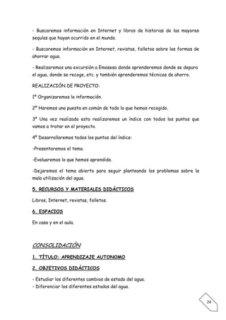 - Buscaremos información en Internet y libros de historias de las mayores
sequías que hayan ocurrido en el mundo.

- Buscaremos información en Internet, revistas, folletos sobre las formas de
ahorrar agua.

- Realizaremos una excursión a Emasesa donde aprenderemos donde se depura
el agua, donde se recoge, etc. y también aprenderemos técnicas de ahorro.

REALIZACIÓN DE PROYECTO:

1º Organizaremos la información.

2º Haremos una puesta en común de todo lo que hemos recogido.

3º Una vez realizado esto realizaremos un índice con todos los puntos que
vamos a tratar en el proyecto.

4º Desarrollaremos todos los puntos del índice:

-Presentaremos el tema.

-Evaluaremos lo que hemos aprendido.

-Dejaremos el tema abierto para seguir planteando los problemas sobre la
mala utilización del agua.

5. RECURSOS Y MATERIALES DIDÁCTICOS

Libros, Internet, revistas, folletos.

6. ESPACIOS

En casa y en el aula.




CONSOLIDACIÓN

1. TÍTULO: APRENDIZAJE AUTONOMO

2. OBJETIVOS DIDÁCTICOS

- Estudiar los diferentes cambios de estado del agua.
- Diferenciar los diferentes estados del agua.


                                                                               24
 