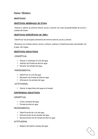 FICHA TÉCNICA

OBJETIVOS:

OBJETIVOS GENERALES DE ETAPA:

-Conocer y valorar su entorno natural, social y cultural, así como las posibilidades de acción y
cuidado del mismo.

OBJETIVOS ESPECÍFICOS DE ÁREA:

-Identificar los principales elementos del entorno natural, social y cultural,

-Reconocer en el medio natural, social y cultural, cambios y transformaciones relacionados con
el paso del tiempo.

OBJETIVOS DIDACTICOS

-CONCEPTUAL

     Conocer e investigar el ciclo del agua
     Analizar las formas de ahorrar agua
     Estudiar los estados del agua

-PROCEDIMENTAL

     Identificar el ciclo del agua
     Reconocer las formas de ahorrar agua
     Diferenciar los estados del agua

-ACTITUDINAL

     Valorar la importancia del agua en el mundo

CONTENIDOS DIDACTICOS

CONCEPTUAL

     Ciclos y estados del agua
     Formas de ahorrar agua

PROCEDIMENTAL

     Identificación del ciclo del agua
     Diferenciación de los estados del agua
     Reconocimiento de las formas de ahorrar agua

ACTITUDINAL

     Respeto del debido consumo del agua


                                                                                                   3
 