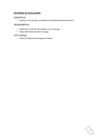 CRITERIOS DE EVALUACIÓN

CONCEPTUAL
   Conocer el ciclo del agua, los estados y las diferentes formas de ahorro

PROCEDIMENTAL

   Identificar y clasificar los estados y el ciclo del agua
   Desarrollar hábitos de ahorro de agua

ACTITUDINAL
   Valorar la importancia del agua en el mundo




                                                                               5
 