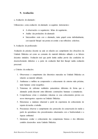 Rede Museística Provincial de Lugo Deputación Provincial de Lugo
9. Avaliación
a. Avaliación do alumnado:
Utilizaremos como avaliación do alumnado os seguintes instrumentos:
 A observación e o seguimento: fichas de seguimento.
 Análise das producións do alumnado
 Intercambios orais con o alumnado, tanto grupal como individualmente,
con especial fincapé nas postas en común e nas reflexións colectivas.
b. Avaliación do profesorado:
Avaliación da práctica docente na aula en relación aos cumprimento dos obxectivos da
Unidade Didáctica así como ao conxunto do material didáctico utilizado e as labores
docentes sinalados. Avaliación terá que partir dunha análise previo das condicións de
desenvolvemento didáctico e a parte da avaliación final fará fincapé nunha avaliación
procesual.
c. Criterios de avaliación:
1. Observarase o cumprimento das directrices marcadas na Unidade Didáctica en
relación ao material utilizado.
2. Analizarase a mellora na comprensión e coñecemento do entorno máis próximo,
tanto humano como xeográfico.
3. Trataranse de enfrontar realidades paisaxísticas diferentes de forma que o
alumnado poida discernir entre diferentes construcións humanas e comunitarias.
4. Comprobarase cómo o estudantes relaciona os seus coñecementos previos cos
novos interrogantes expostos na Unidade Didáctica.
5. Detectarase a mudanza relacional a partir da experiencia de coñecemento de
reparto de tarefas e traballo.
6. Procurarase observar o cumprimento dos protocolos de conservación do medio a
partir da aprendizaxe dos procedementos relacionados con a biodiversidade e a
riqueza ambiental.
7. Intentarase avaliar o coñecemento das competencias básicas e dos diferentes
contidos desenvoltos nesta Unidade Didáctica.
 