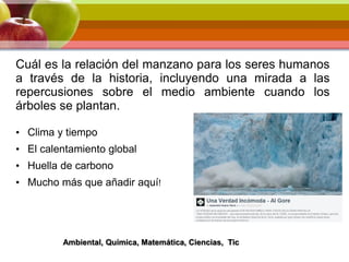 Cuál es la relación del manzano para los seres humanos
a través de la historia, incluyendo una mirada a las
repercusiones sobre el medio ambiente cuando los
árboles se plantan.
• Clima y tiempo
• El calentamiento global
• Huella de carbono
• Mucho más que añadir aquí!
Ambiental, Química, Matemática, Ciencias, Tic
 