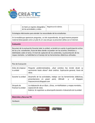 Se hará un registro fotográfico
de las actividades y video.
Registro en la rúbrica.
Estrategias Adicionales para atender las necesidades de los estudiantes
En la medida que aparezcan preguntas, se irán respondiendo, de igual manera preparar
material fotocopiado como un plan B, en caso de que se presenten fallas con el internet.
Evaluación
Resumen de la evaluación Durante toda la unidad, se tendrá en cuenta la participación activa
de los y las estudiantes, lluvia de ideas donde se puedan ver los aciertos, fortalezas y
debilidades sobre el tema. El nivel de captación de los contenidos, la presentación de los
mapas mentales. La habilidad en el manejo de las herramientas didácticas utilizadas.
Plan de Evaluación
Antes de empezar
la unidad
Pregunta problematizadora, ¿Qué cambios has tenido desde su
nacimiento hasta ahora? Auto análisis. Explicación general, lluvia de
ideas.
Durante la unidad Desarrollo de las actividades, trabajo con las herramientas didácticas,
presentaciones en power point, XMind6 y el blogspot.
Frayconciencia.blogspot.com
Después de
finalizar la unidad
La elaboración de un JQuiz , JCross, en HotPotatoes y mapas mentales,
exposición de estos.
Rubrica: Se registrara su desempeño durante el desarrollo de la unidad.
Materiales y Recursos TIC
Hardware
 