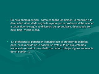 • En esta primera sesión , como en todas las demás, la atención a laEn esta primera sesión , como en todas las demás, la atención a la
diversidad viene dada según la ayuda que la profesora deba ofrecerdiversidad viene dada según la ayuda que la profesora deba ofrecer
a cada alumno según su dificultad de aprendizaje, ésta puede sera cada alumno según su dificultad de aprendizaje, ésta puede ser
nula ,baja, media o alta.nula ,baja, media o alta.
• La profesora se pondrá en contacto con el profesor de plásticaLa profesora se pondrá en contacto con el profesor de plástica
para, en la medida de lo posible se trate el tema que estamospara, en la medida de lo posible se trate el tema que estamos
trabajando (construir un caballo de cartón, dibujar alguna secuenciatrabajando (construir un caballo de cartón, dibujar alguna secuencia
de un sueño…).de un sueño…).
 