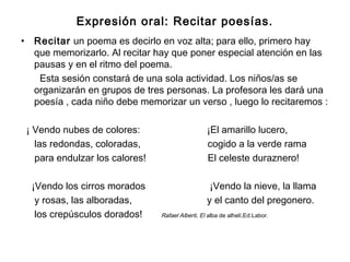 Expresión oral: Recitar poesías.
• Recitar un poema es decirlo en voz alta; para ello, primero hay
que memorizarlo. Al recitar hay que poner especial atención en las
pausas y en el ritmo del poema.
Esta sesión constará de una sola actividad. Los niños/as se
organizarán en grupos de tres personas. La profesora les dará una
poesía , cada niño debe memorizar un verso , luego lo recitaremos :
¡ Vendo nubes de colores: ¡El amarillo lucero,
las redondas, coloradas, cogido a la verde rama
para endulzar los calores! El celeste duraznero!
¡Vendo los cirros morados ¡Vendo la nieve, la llama
y rosas, las alboradas, y el canto del pregonero.
los crepúsculos dorados! Rafael Alberti, El alba de alhelí,Ed.Labor.
 