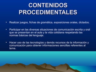 CONTENIDOSCONTENIDOS
PROCEDIMENTALESPROCEDIMENTALES
• Realizar juegos, fichas de gramática, exposiciones orales, dictados.
• Participar en las diversas situaciones de comunicación escrita y oral
que se presentan en el aula y la vida cotidiana respetando las
normas básicas del lenguaje.
• Hacer uso de las tecnologías y demás recursos de la información y
comunicación para obtener informaciones sencillas referentes al
tema.
 