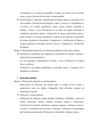 movimientos en un contexto topográfico. Trazado. Las líneas como recorrido:
       rectas y curvas, intersección de rectas y rectas paralelas.
    Formas planas y espaciales: Identificación de figuras planas y espaciales en la
       vida cotidiana. Clasificación de polígonos. Lados y vértices. La circunferencia y
       el círculo. Los cuerpos geométricos: cubos, esferas, prismas, pirámides y
       cilindros. Aristas y caras. Descripción de la forma de objetos utilizando el
       vocabulario geométrico básico. Construcción de figuras geométricas planas a
       partir de datos y de cuerpos geométricos a partir de un desarrollo. Exploración
       de formas geométricas elementales. Comparación y clasificación de figuras y
       cuerpos geométricos utilizando diversos criterios. Comparación y clasificación
       de ángulos.
Bloque 3. Recogida de información y resolución de problemas de la vida cotidiana.
    Resolución de problemas que impliquen la realización de cálculos, medidas y
       análisis de formas geométricas.
   -   Uso de estrategias: Representación. Ensayo y error; Utilización de modelos
       físicos y gráficos.
   -   Confianza en las propias posibilidades; curiosidad, interés y constancia en la
       búsqueda de soluciones.


    Educación artística:
Bloque 1. Observación, expresión y creación plástica.
   -   Observación de elementos del entorno para el estudio de las escalas y
       proporciones entre los objetos. Indagación sobre diferentes maneras de
       representar el espacio.
    Expresión y creación plástica.
   -   Elaboración de imágenes usando manchas cromáticas, tonalidades y gamas en
       cómics, historietas, carteles, murales, mosaicos, tapices e impresiones.
       Construcción de móviles, estructuras, maquetas, juguetes, volúmenes exentos o
       en relieve. Construcción de decorados y máscaras y elaboración de maquillajes
       para la representación teatral. Realización de fotografías: enfoque y planos.
 