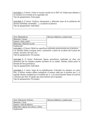 Actividad 1: (2 horas). Visita al circuito cerrado de la DGT de Toledo para adentrar a
los alumnos en el mundo de la seguridad vial.
Tipo de agrupamiento: Gran grupo.

Actividad 2: (2 horas). Explicar climogramas y diferentes tasas de la población del
alumno (natalidad, mortalidad…), y la puesta en práctica.
Tipo de agrupamiento: Individual.




Área: Matemáticas                             Recurso didáctico y audiovisual
Duración: 5 horas
Espacio: Aula y patio.
Materiales: Material escolar
Explicación:
Actividad 1: (2 horas). Medir las superficies explicadas anteriormente por el profesor.
Los alumnos deben averiguar áreas y perímetros a partir de un plano (de la pista del
colegio, del patio, del aula, etc).
Tipo de agrupamiento: Por parejas.

Actividad 2: (2 horas). Relacionar figuras geométricas explicadas en clase con
elementos que los alumnos pueden encontrar en su ciudad. Además, deben poner la
fórmula del área geométrica.
Tipo de agrupamiento: Individual.

Actividad 3: (1 hora). Juego de la multiplicación. Colocados los alumnos en varias
filas, el primer alumno deberá multiplicar el número dado por el profesor por 2, el
segundo alumno multiplicará el resultado por 2, y así sucesivamente (hasta un total de
5 alumnos por fila). El equipo que antes termine será el ganador.
Tipo de agrupamiento: Por grupos.




Área: Educación Artística                   Recurso didáctico y audiovisual
Duración: 1 hora
Espacio: Aula de plástica
Materiales: lápices de colores y folios
Explicación:
 