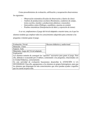Como procedimientos de evaluación, calificación y recuperación observaremos
los siguientes:
           -      Observación sistemática (Escalas de observación y diarios de clase)
           -      Análisis de producciones escolares (Resúmenes, cuadernos de campo,
                  textos escritos, murales y producciones plásticas o musicales)
           -      Intercambios orales (Diálogos, asambleas y puestas en común)
           -      Pruebas sistemáticas (Interpretación de datos y exposición de temas)

       A su vez, emplearemos el juego del trivial adaptado a nuestro tema, en el que los
alumnos tendrán que emplear todos los conocimientos adquiridos para contestar a las
preguntas e intentar ganar el juego.


Evaluación: Trivial                          Recurso didáctico y audiovisual
Duración: 1 hora
Espacio: Aula
Materiales: Juego del Trivial adaptado
Explicación:
Los alumnos tratarán de conseguir los “quesitos” necesarios para ganar el juego. Para
ello, deberán ir avanzando por el tablero, contestando a las preguntas, relacionadas con
la Unidad Didáctica, correctamente.
En esta actividad de evaluación buscaremos desarrollar la ATENCIÓN A LA
DIVERSIDAD. Para ello, agruparemos a los alumnos en grupos heterogéneos, para que
los alumnos que dispongan de más conocimientos que otros puedan ayudar a aquellos
que les cuesta un poco más.
 
