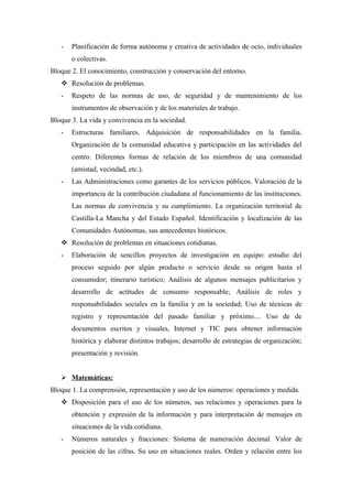 -   Planificación de forma autónoma y creativa de actividades de ocio, individuales
       o colectivas.
Bloque 2. El conocimiento, construcción y conservación del entorno.
    Resolución de problemas.
   -   Respeto de las normas de uso, de seguridad y de mantenimiento de los
       instrumentos de observación y de los materiales de trabajo.
Bloque 3. La vida y convivencia en la sociedad.
   -   Estructuras familiares. Adquisición de responsabilidades en la familia.
       Organización de la comunidad educativa y participación en las actividades del
       centro. Diferentes formas de relación de los miembros de una comunidad
       (amistad, vecindad, etc.).
   -   Las Administraciones como garantes de los servicios públicos. Valoración de la
       importancia de la contribución ciudadana al funcionamiento de las instituciones.
       Las normas de convivencia y su cumplimiento. La organización territorial de
       Castilla-La Mancha y del Estado Español. Identificación y localización de las
       Comunidades Autónomas, sus antecedentes históricos.
    Resolución de problemas en situaciones cotidianas.
   -   Elaboración de sencillos proyectos de investigación en equipo: estudio del
       proceso seguido por algún producto o servicio desde su origen hasta el
       consumidor; itinerario turístico; Análisis de algunos mensajes publicitarios y
       desarrollo de actitudes de consumo responsable; Análisis de roles y
       responsabilidades sociales en la familia y en la sociedad; Uso de técnicas de
       registro y representación del pasado familiar y próximo.... Uso de de
       documentos escritos y visuales, Internet y TIC para obtener información
       histórica y elaborar distintos trabajos; desarrollo de estrategias de organización;
       presentación y revisión.


    Matemáticas:
Bloque 1. La comprensión, representación y uso de los números: operaciones y medida.
    Disposición para el uso de los números, sus relaciones y operaciones para la
       obtención y expresión de la información y para interpretación de mensajes en
       situaciones de la vida cotidiana.
   -   Números naturales y fracciones: Sistema de numeración decimal. Valor de
       posición de las cifras. Su uso en situaciones reales. Orden y relación entre los
 