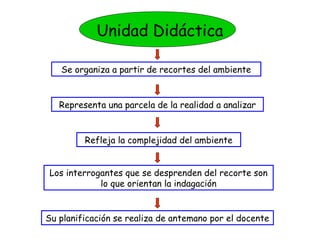 Unidad Didáctica

   Se organiza a partir de recortes del ambiente


   Representa una parcela de la realidad a analizar


         Refleja la complejidad del ambiente


Los interrogantes que se desprenden del recorte son
            lo que orientan la indagación


Su planificación se realiza de antemano por el docente
 