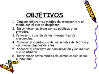 OBJETIVOS
1. Conocer diferentes medios de transporte y el
medio por el que se desplazan.
2. Discriminar los transportes públicos y los
privados.
3. Conocer la función de los transportes de
mercancías.
4. Conocer el significado de las señales de tráfico y
reconocer algunas de ellas.
5. Conocer el concepto de comunicación y los medios
que se utilizan.
6. Discriminar entre medios de comunicación social
e individual.
 