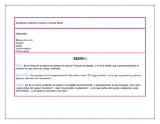 Estrategia didáctica: Cantos y Cuento Motor
Materiales:
Música de circo
Cuento
Gises
Varita mágica
Colchonetas
SESIÓN 1
Inicio: En el inicio de la sesión se cantara la canción “Paquito el payaso” y el niño tendrá que ir proporcionando el
nombre de una parte del cuerpo diferente.
Desarrollo: Se prosigue con la implementación del cuento motor “El mago pincelin”, en el que se ponen en práctica
algunos patrones de movimiento.
Cierre: Se da un cierre cantando la canción “La batalla del movimiento” y seguidamente se les pregunta a los niños
¿Qué partes del cuerpo movimos?, ¿Qué movimientos realizamos?, ¿Con que partes del cuerpo realizamos cada
movimiento?, ¿Les gusto la actividad y por qué?
 