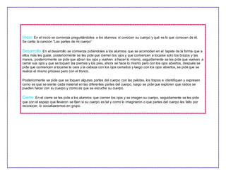 Inicio: En el inicio se comienza preguntándoles a los alumnos si conocen su cuerpo y qué es lo que conocen de él.
Se canta la canción “Las partes de mi cuerpo”
Desarrollo: En el desarrollo se comienza pidiéndoles a los alumnos que se acomoden en el tapete de la forma que a
ellos más les guste, posteriormente se les pide que cierren los ojos y que comiencen a tocarse solo los brazos y las
manos, posteriormente se pide que abran los ojos y vuelvan a hacer lo mismo, seguidamente se les pide que vuelvan a
cerrar sus ojos y que se toquen las piernas y los pies, ahora se hace lo mismo pero con los ojos abiertos, después se
pide que comiencen a tocarse la cara y la cabeza con los ojos cerrados y luego con los ojos abiertos, se pide que se
realice el mismo proceso pero con el tronco.
Posteriormente se pide que se toquen algunas partes del cuerpo con las pelotas, los trapos e identifiquen y expresen
como es que se siente cada material en las diferentes partes del cuerpo, luego se pide que exploren que ruidos se
pueden hacer con su cuerpo y como es que se escucha su cuerpo.
Cierre: En el cierre se les pide a los alumnos que cierren los ojos y se imagen su cuerpo, seguidamente se les pide
que con el espejo que llevaron se fijen si su cuerpo es tal y como lo imaginaron o que partes del cuerpo les falto por
reconocer, lo socializaremos en grupo.
 