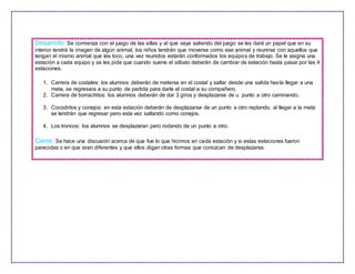 Desarrollo: Se comienza con el juego de las sillas y al que vaya saliendo del juego se les dará un papel que en su
interior tendrá la imagen de algún animal, los niños tendrán que moverse como ese animal y reunirse con aquellos que
tengan el mismo animal que les toco, una vez reunidos estarán conformados los equipos de trabajo. Se le asigna una
estación a cada equipo y se les pide que cuando suene el silbato deberán de cambiar de estación hasta pasar por las 4
estaciones.
1. Carrera de costales: los alumnos deberán de meterse en el costal y saltar desde una salida hasta llegar a una
meta, se regresara a su punto de partida para darle el costal a su compañero.
2. Carrera de borrachitos: los alumnos deberán de dar 3 giros y desplazarse de u punto a otro caminando.
3. Cocodrilos y conejos: en esta estación deberán de desplazarse de un punto a otro reptando, al llegar a la meta
se tendrán que regresar pero esta vez saltando como conejos.
4. Los troncos: los alumnos se desplazaran pero rodando de un punto a otro.
Cierre: Se hace una discusión acerca de que fue lo que hicimos en cada estación y si estas estaciones fueron
parecidas o en que eran diferentes y que ellos digan otras formas que conozcan de desplazarse.
 