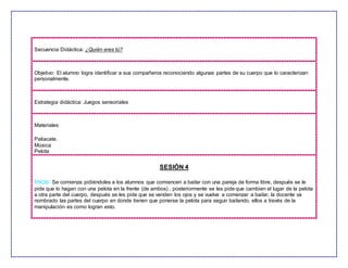 Secuencia Didáctica: ¿Quién eres tú?
Objetivo: El alumno logra identificar a sus compañeros reconociendo algunas partes de su cuerpo que lo caracterizan
personalmente.
Estrategia didáctica: Juegos sensoriales
Materiales:
Paliacate.
Música
Pelota
SESIÓN 4
Inicio: Se comienza pidiéndoles a los alumnos que comiencen a bailar con una pareja de forma libre, después se le
pide que lo hagan con una pelota en la frente (de ambos) , posteriormente se les pide que cambien el lugar de la pelota
a otra parte del cuerpo, después se les pide que se venden los ojos y se vuelve a comenzar a bailar, la docente va
nombrado las partes del cuerpo en donde tienen que ponerse la pelota para seguir bailando, ellos a través de la
manipulación es como logran esto.
 