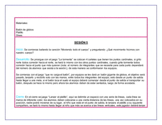 Materiales:
Balón de globos
Platillo
Gises
SESIÓN 5
Inicio: Se comienza bailando la canción “Moviendo todo el cuerpo” y preguntando ¿Qué movimiento hicimos con
nuestro cuerpo?
Desarrollo: Se prosigue con el juego “La tormenta” se colocan 4 carteles que tienen los puntos cardinales, si grito
norte todos correrán hacia el norte, se hará lo mismo con los otros puntos cardinales, cuando grite tormenta todos
correrán hacia el punto que más quieran (nota: el número de integrantes que se necesite para cada punto dependerá
del número de alumnos que asista a la sesión.), de esta manera se conformaran los equipos.
Se comienza con el juego “que no caiga el balón”, por equipos se les dará un balón gigante de globos, el objetivo será
pasarlo, lanzarlo y recibirlo solo con las manos, entre todos los integrantes del equipo, esto desde un punto de salida
hasta llegar a una meta, si el balón toca el suelo el equipo deberá comenzar desde el punto de salida a transportar su
balón, después se hace lo mismo pero ahora los alumnos deben de estar sentados, luego de forma acostada.
Cierre:En el cierre se juega “Lanzar el platillo”, aquí se delimita un espacio con una serie de líneas, cada línea se
marca de diferente color, los alumnos deben colocarse a una cierta distancia de las líneas, una vez colocados en su
posición, nadie podrá moverse de su lugar, el niño que está en el punto de salida, le lanzara el platillo a su siguiente
compañero, se hará lo mismo hasta llegar al niño que más se acerca a las líneas verticales, este jugador deberá lanzar
 