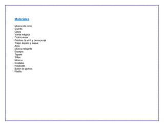Materiales
Música de circo
Cuento
Gises
Varita mágica
Colchonetas
Pelotas de vinil y de esponja
Trapo áspero y suave
Aros
Música relajante
Espejos
Tapete
Sillas
Música
Costales
Paliacate.
Balón de globos
Platillo
 