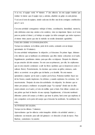 24
A su vez, el equipo verde  “número 3” (los niños/as de este equipo tendrán que
realizar lo mismo que el equipo rojo y, además, añadirán un golpe en cada pierna).
Y así con el resto de equipos, siendo cada uno de ellos una de las consignas establecidas
del nº 1 al 4.
Con esta actividad conseguimos trabajar el ritmo, coordinación, lateralidad, memoria,
oído (debemos estar muy atentos a los sonidos), vista (es importante fijarse en el resto
para no perder el ritmo) y el trabajo en equipo (se debe conseguir que todos vayamos
al mismo ritmo puesto que sino la melodía no resulta demasiado agradable).
FASE DE CIERRE O CONSOLIDACIÓN:
Tiempo:(se realizaría en la última parte de la sesión, contando con un tiempo
aproximado de 10 minutos).
En esta actividad trabajaríamos la relajación y el descanso. En primer lugar, diríamos
a los niños/as que se tumbasen en colchonetas que ellos mismo colocarían en el suelo.
Seguidamente pondríamos música para que ellos se relajasen. Después les diríamos
en que estación del año estamos. En este caso en primavera; por ello; les explicamos
que en esta estación comienzan a salir las flores (pedimos que se desperecen como si
saliesen flores). Posteriormente, les decimos que somos un globo; entonces, cada
niño/a se convierte en un globo que de hincha y se desinfla. De esta manera
aprenderán a inspirar por la nariz y espirar por la boca. Podemos también hacer uso
de los brazos; cuando inspiramos los abrimos y cuando espiramos los cerramos. Así
sucesivamente. Después de estas dos actividades de relajación, les diremos que se
sitúen por parejas y realizaran un pequeño juego “La esponja” donde uno de ellos
estará estirado en el suelo y el otro de rodillas justo al lado. Este último contará con
una pelota que hará la función de una esponja. Seguidamente, el docente nombrará
diferentes partes del cuerpo y el niño/a que tiene la pelota, hará como que enjabona al
otro compañero en la parte del cuerpo que el docente ha nombrado. Se cambiaran los
roles.
ACTIVIDAD DE SALIDA:
Tiempo:(en los últimos 5 minutos).
Aprovechamos que los niños/as están tranquilos debido a la actividad anterior y
realizamos un trenecito para salir del gimnasio e ir dirección al aula de nuevo. Para
finalizar, cantaríamos la canción:
 