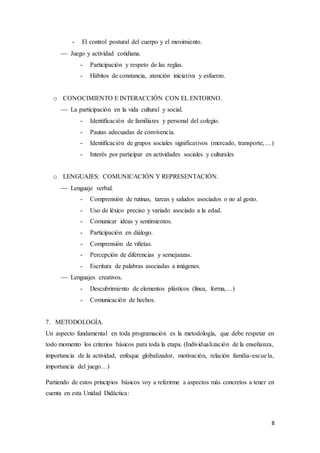 8
- El control postural del cuerpo y el movimiento.
 Juego y actividad cotidiana.
- Participación y respeto de las reglas.
- Hábitos de constancia, atención iniciativa y esfuerzo.
o CONOCIMIENTO E INTERACCIÓN CON EL ENTORNO.
 La participación en la vida cultural y social.
- Identificación de familiares y personal del colegio.
- Pautas adecuadas de convivencia.
- Identificación de grupos sociales significativos (mercado, transporte,…)
- Interés por participar en actividades sociales y culturales
o LENGUAJES: COMUNICACIÓN Y REPRESENTACIÓN.
 Lenguaje verbal.
- Comprensión de rutinas, tareas y saludos asociados o no al gesto.
- Uso de léxico preciso y variado asociado a la edad.
- Comunicar ideas y sentimientos.
- Participación en diálogo.
- Comprensión de viñetas.
- Percepción de diferencias y semejanzas.
- Escritura de palabras asociadas a imágenes.
 Lenguajes creativos.
- Descubrimiento de elementos plásticos (línea, forma,…)
- Comunicación de hechos.
7. METODOLOGÍA.
Un aspecto fundamental en toda programación es la metodología, que debe respetar en
todo momento los criterios básicos para toda la etapa. (Individualización de la enseñanza,
importancia de la actividad, enfoque globalizador, motivación, relación familia-escuela,
importancia del juego…)
Partiendo de estos principios básicos voy a referirme a aspectos más concretos a tener en
cuenta en esta Unidad Didáctica:
 