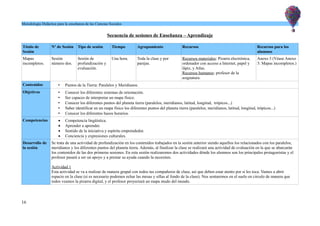 Metodología Didáctica para la enseñanza de las Ciencias Sociales
Secuencia de sesiones de Enseñanza – Aprendizaje
Título de
Sesión
Nº de Sesión Tipo de sesión Tiempo Agrupamiento Recursos Recursos para los
alumnos
Mapas
incompletos.
Sesión
número dos.
Sesión de
profundización y
evaluación.
Una hora. Toda la clase y por
parejas.
Recursos materiales: Pizarra electrónica,
ordenador con acceso a Internet, papel y
lápiz, y Atlas.
Recursos humanos: profesor de la
asignatura.
Anexo 3 (Véase Anexo
3: Mapas incompletos.)
Contenidos • Puntos de la Tierra: Paralelos y Meridianos.
Objetivos • Conocer los diferentes sistemas de orientación.
• Ser capaces de interpretar un mapa físico.
• Conocer los diferentes puntos del planeta tierra (paralelos, meridianos, latitud, longitud, trópicos...)
• Saber identificar en un mapa físico los diferentes puntos del planeta tierra (paralelos, meridianos, latitud, longitud, trópicos...)
• Conocer los diferentes husos horarios.
Competencias  Competencia lingüística.
 Aprender a aprender.
 Sentido de la iniciativa y espíritu emprendedor.
 Conciencia y expresiones culturales.
Desarrollo de
la sesión
Se trata de una actividad de profundización en los contenidos trabajados en la sesión anterior siendo aquellos los relacionados con los paralelos,
meridianos y los diferentes puntos del planeta tierra. Además, al finalizar la clase se realizará una actividad de evaluación en la que se abarcarán
los contenidos de las dos primeras sesiones. En esta sesión realizaremos dos actividades dónde los alumnos son los principales protagonistas y el
profesor pasará a ser un apoyo y a prestar su ayuda cuando la necesiten.
Actividad 1
Esta actividad se va a realizar de manera grupal con todos tus compañeros de clase, así que deben estar atento por si les toca. Vamos a abrir
espacio en la clase (si es necesario podemos echar las mesas y sillas al fondo de la clase). Nos sentaremos en el suelo en circulo de manera que
todos veamos la pizarra digital, y el profesor proyectará un mapa mudo del mundo.
16
 