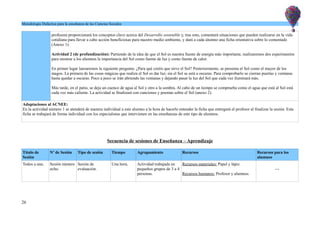 Metodología Didáctica para la enseñanza de las Ciencias Sociales
profesora proporcionará los conceptos clave acerca del Desarrollo sostenible y, tras esto, comentará situaciones que pueden realizarse en la vida
cotidiana para llevar a cabo acción beneficiosas para nuestro medio ambiente, y dará a cada alumno una ficha orientativa sobre lo comentado
(Anexo 1).
Actividad 2 (de profundización): Partiendo de la idea de que el Sol es nuestra fuente de energía más importante, realizaremos dos experimentos
para mostrar a los alumnos la importancia del Sol como fuente de luz y como fuente de calor.
En primer lugar lanzaremos la siguiente pregunta: ¿Para qué creéis que sirve el Sol? Posteriormente, se presenta el Sol como el mayor de los
magos. La primera de las cosas mágicas que realiza el Sol es dar luz; sin el Sol se está a oscuras. Para comprobarlo se cierran puertas y ventanas
hasta quedar a oscuras. Poco a poco se irán abriendo las ventanas y dejando pasar la luz del Sol que cada vez iluminará más.
Más tarde, en el patio, se deja un cuenco de agua al Sol y otro a la sombra. Al cabo de un tiempo se comprueba como el agua que está al Sol está
cada vez más caliente. La actividad se finalizará con canciones y poemas sobre el Sol (anexo 2).
Adaptaciones al ACNEE:
En la actividad número 1 se atenderá de manera individual a este alumno a la hora de hacerle entender la ficha que entregará el profesor al finalizar la sesión. Esta
ficha se trabajará de forma individual con los especialistas que intervienen en las enseñanzas de este tipo de alumnos.
Secuencia de sesiones de Enseñanza – Aprendizaje
Título de
Sesión
Nº de Sesión Tipo de sesión Tiempo Agrupamiento Recursos Recursos para los
alumnos
Todos a una. Sesión número
ocho.
Sesión de
evaluación.
Una hora. Actividad trabajada en
pequeños grupos de 3 a 4
personas.
Recursos materiales: Papel y lápiz.
Recursos humanos: Profesor y alumnos.
---
26
 