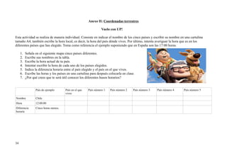 Anexo II: Coordenadas terrestres
Vuelo con UP!
Esta actividad se realiza de manera individual. Consiste en indicar el nombre de los cinco países y escribir su nombre en una cartulina
tamaño A4, también escribe la hora local, es decir, la hora del país dónde vives. Por último, intenta averiguar la hora que es en los
diferentes países que has elegido. Toma como referencia el ejemplo suponiendo que en España son las 17:00 horas.
1. Señala en el siguiente mapa cinco países diferentes.
2. Escribe sus nombres en la tabla.
3. Escribe la hora actual de tu país.
4. Intentar escribir la hora de cada uno de los países elegidos.
5. Indica la diferencia horaria entre el país elegido y el país en el que vives.
6. Escribe las horas y los países en una cartulina para después colocarla en clase.
7. ¿Por qué crees que te será útil conocer los diferentes husos horarios?
País de ejemplo País en el que
vives
País número 1 País número 2 País número 3 País número 4 País número 5
Nombre Chile
Hora 12:00:00
Diferencia
horaria
Cinco horas menos.
34
 