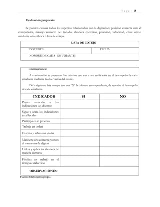 P a g e | 18
Evaluación propuesta:
Se pueden evaluar todos los aspectos relacionados con la digitación; posición correcta ante el
computador, manejo correcto del teclado, alcances correctos, precisión, velocidad, entre otros;
mediante una rúbrica o lista de cotejo.
LISTA DE COTEJO
DOCENTE: FECHA:
NOMBRE DE CADA ESTUDIANTE:
Instrucciones:
A continuación se presentan los criterios que van a ser verificados en el desempeño de cada
estudiante mediante la observación del mismo.
De la siguiente lista marque con una “X“ la columna correspondiente, de acuerdo al desempeño
de cada estudiante.
INDICADOR SI NO
Presta atención a las
indicaciones del docente
Sigue y acata las indicaciones
establecidas
Participa en el proceso
Trabaja en orden
Externa y aclara sus dudas
Mantiene una correcta postura
al momento de digitar
Utiliza y aplica los alcances de
manera correcta
Finaliza en trabajo en el
tiempo establecido
OBSERVACIONES:
Fuente: Elaboración propia
 