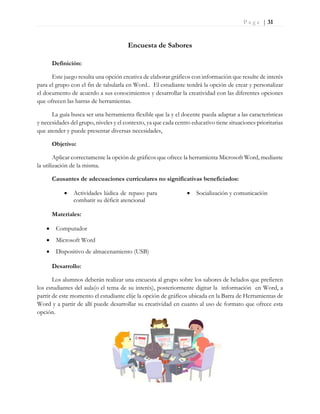 P a g e | 31
Encuesta de Sabores
Definición:
Este juego resulta una opción creativa de elaborar gráficos con información que resulte de interés
para el grupo con el fin de tabularla en Word.. El estudiante tendrá la opción de crear y personalizar
el documento de acuerdo a sus conocimientos y desarrollar la creatividad con las diferentes opciones
que ofrecen las barras de herramientas.
La guía busca ser una herramienta flexible que la y el docente pueda adaptar a las características
y necesidades del grupo, niveles y el contexto, ya que cada centro educativo tiene situaciones prioritarias
que atender y puede presentar diversas necesidades,
Objetivo:
Aplicar correctamente la opción de gráficos que ofrece la herramienta Microsoft Word, mediante
la utilización de la misma.
Causantes de adecuaciones curriculares no significativas beneficiados:
 Actividades lúdica de repaso para
combatir su déficit atencional
 Socialización y comunicación
Materiales:
 Computador
 Microsoft Word
 Dispositivo de almacenamiento (USB)
Desarrollo:
Los alumnos deberán realizar una encuesta al grupo sobre los sabores de helados que prefieren
los estudiantes del aula(o el tema de su interés), posteriormente digitar la información en Word, a
partir de este momento el estudiante elije la opción de gráficos ubicada en la Barra de Herramientas de
Word y a partir de allí puede desarrollar su creatividad en cuanto al uso de formato que ofrece esta
opción.
 
