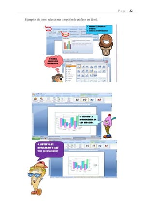 P a g e | 32
Ejemplos de cómo seleccionar la opción de gráficos en Word.
 
