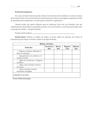 P a g e | 54
Evaluación propuesta:
Con esta actividad el docente puede evaluar el conocimiento del estudiante en cuanto al manejo
de la hoja de Excel y el uso de las barras de herramientas que ofrece este programa respetando el estilo
de aprendizaje del estudiantado con adecuación curricular no significativa.
Además resulta una opción diferente para no relacionar Excel solo con fórmulas, sino que
también permite desarrollar la creatividad en cuanto a la uso de formato y autoformas para lograr crear
una propuesta similar a ejemplo facilitado.
Nombre del Estudiante: ______________________________________________
Instrucciones: Elabore un tablero de ajedrez en Excel, utilice las opciones de la barra de
herramientas para lograr un formato similar al ejemplo facilitado.
Fuente: Elaboración propia
Rubros a Evaluar
Indicador
Excelente
4pts
Bueno
3pts
Regular
2 pts
Mejorar
1pto
- Elabora un tablero utilizando 8
filas y 8 columnas.
- Agregarle letra a la columna y el
número a la fila
- Aplica las autoformas o imágenes
al tablero
- Aplica color al fondo al menos
dos tonos
- Aplica centrado vertical y
horizontal a la página
OBSERVACIONES:
 