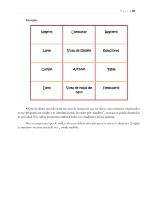 P a g e | 60
Ejemplo:
Negrita Consultas Registro
Llave Vista de Diseño Relaciones
Campo Archivo Tabla
Dato Vista de hojas de
dato
Formulario
*Nota: Se deben crear dos cartones más de manera tal que involucre otros términos relacionados
con el programa en estudio y se cambien además de orden por “cuadrito”, para que se pueda desarrollar
la actividad. Si se aplica ese mismo cartón a todos los estudiantes, todos ganarán.
No es competencia, por lo cual, el docente deberá aclararlo antes de iniciar la dinámica. Si algún
compañero necesita ayuda de otro, puede recibirla.
 