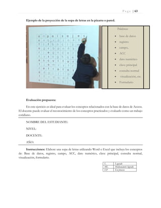 P a g e | 63
Ejemplo de la proyección de la sopa de letras en la pizarra o pared.
Evaluación propuesta:
En este ejercicio es ideal para evaluar los conceptos relacionados con la base de datos de Access.
El docente puede evaluar el reconocimiento de los conceptos practicados y evaluarlo como un trabajo
cotidiano.
NOMBRE DEL ESTUDIANTE:
NIVEL:
DOCENTE:
AÑO:
Instrucciones: Elabore una sopa de letras utilizando Word o Excel que incluya los conceptos
de: Base de datos, registro, campo, ACC, dato numérico, clave principal, consulta normal,
visualización, formulario.
L Logrado
ML Medianamete logrado
EP En proceso
Palabras:
 base de datos
 registro
 campo,
 ACC
 dato numérico
 clave principal
 consulta normal
 visualización, etc.
 Formulario
 